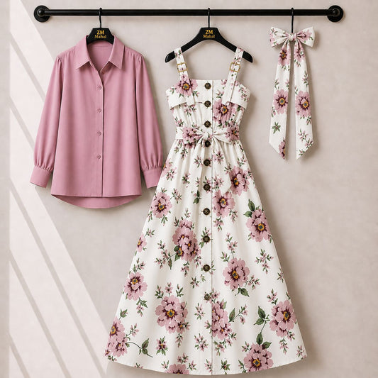 Floral Strap Maxi Dress with Shirt – Elegant Women Outfit K1