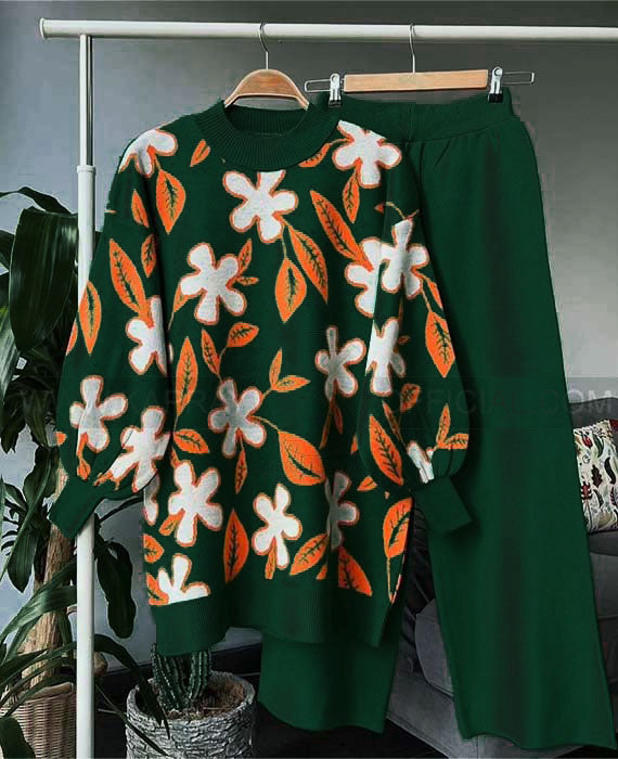 Black Flower Printed Premium Quality Winter 2-Pcs Tracksuit