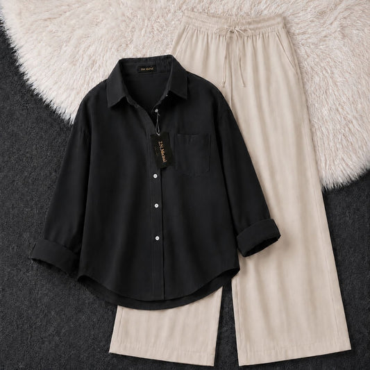 Women's oversized shirt and wide-leg co-ord set in classic black – SphereOutfit