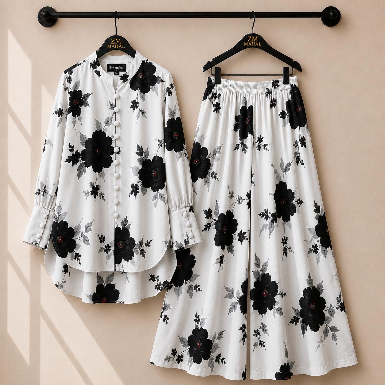 Women's floral shirt and wide-leg palazzo co-ord set in black and white print – SphereOutfit