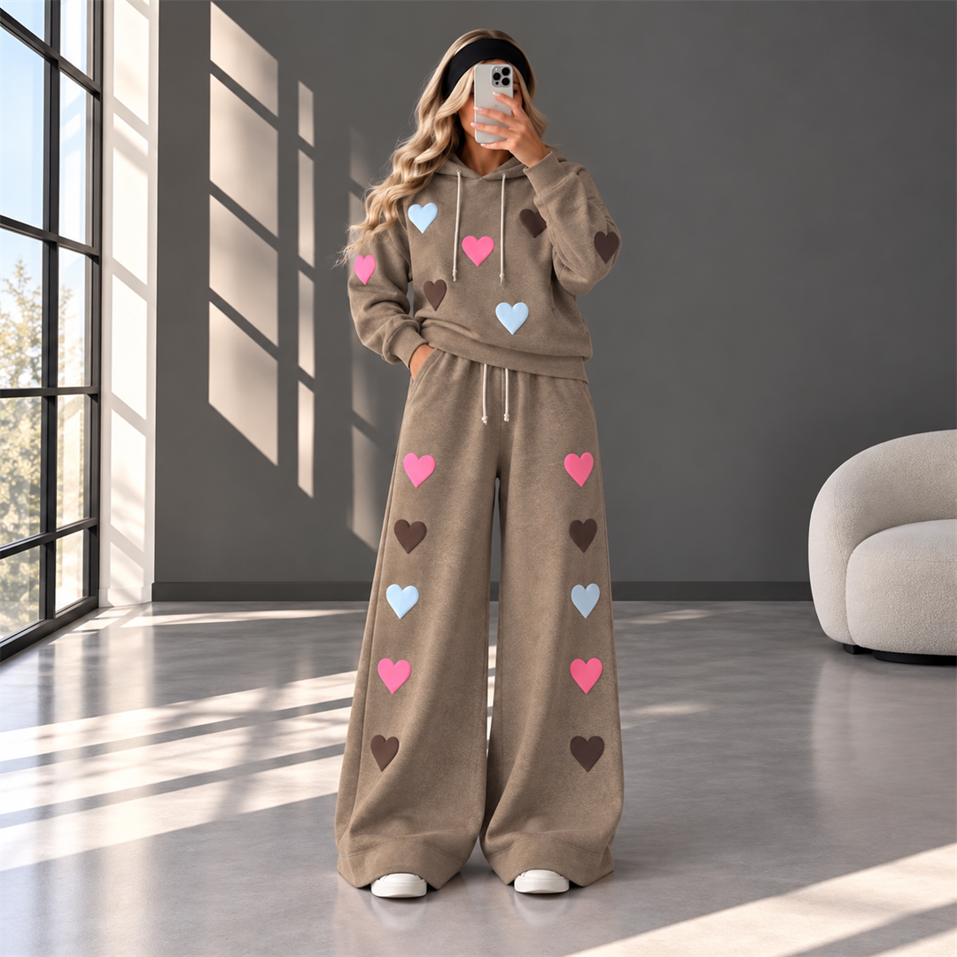 Love Hearts Baggy Hoodie & Wide Leg Flapper 2 Piece Set