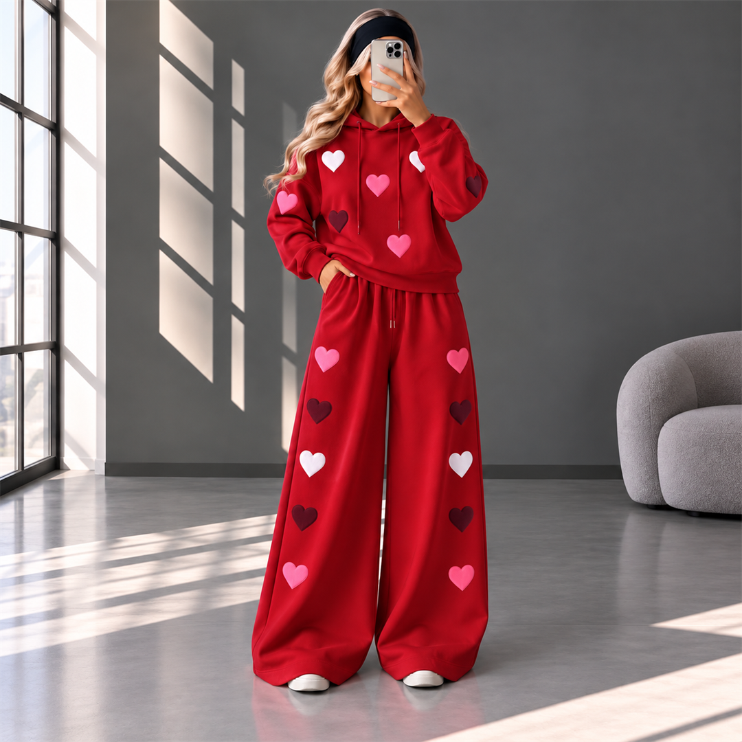 Love Hearts Baggy Hoodie & Wide Leg Flapper 2 Piece Set