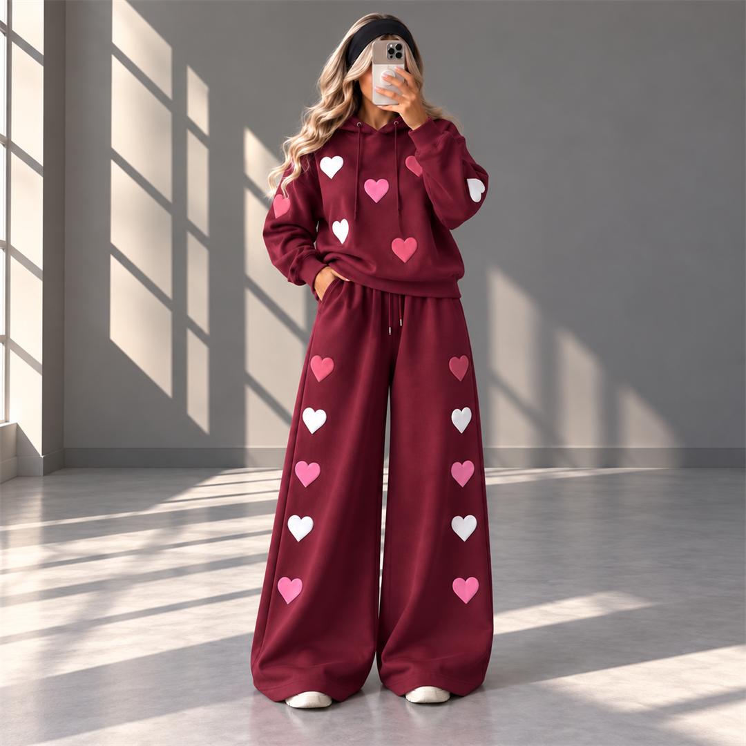 Love Hearts Baggy Hoodie & Wide Leg Flapper 2 Piece Set