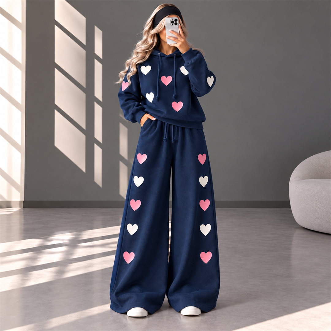 Love Hearts Baggy Hoodie & Wide Leg Flapper 2 Piece Set