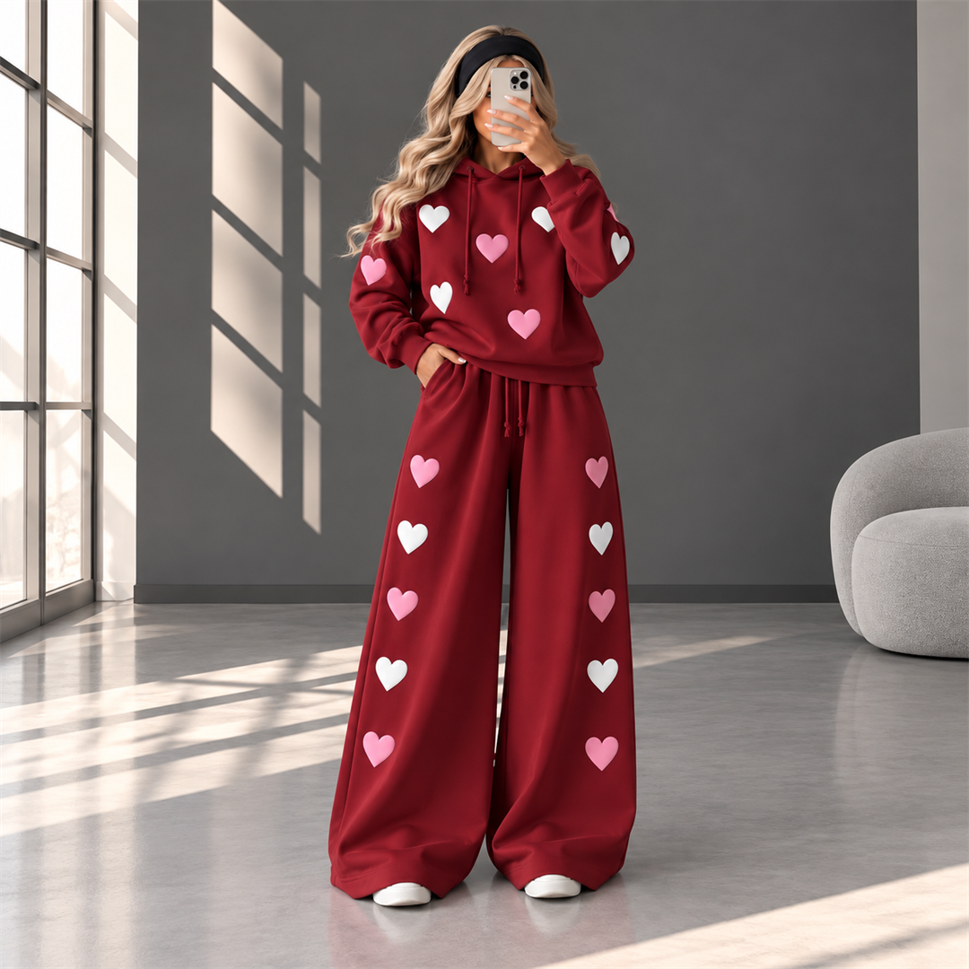 Love Hearts Baggy Hoodie & Wide Leg Flapper 2 Piece Set
