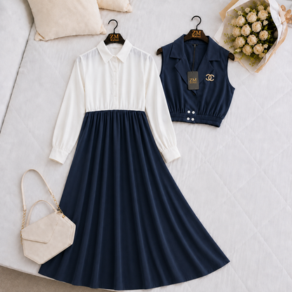 Navy Blue: Seraphine women’s layered maxi set in Navy Blue with white collared bodice and cropped vest