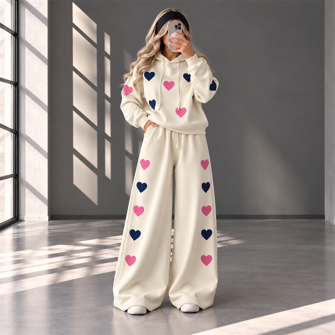 Love Hearts Baggy Hoodie & Wide Leg Flapper 2 Piece Set