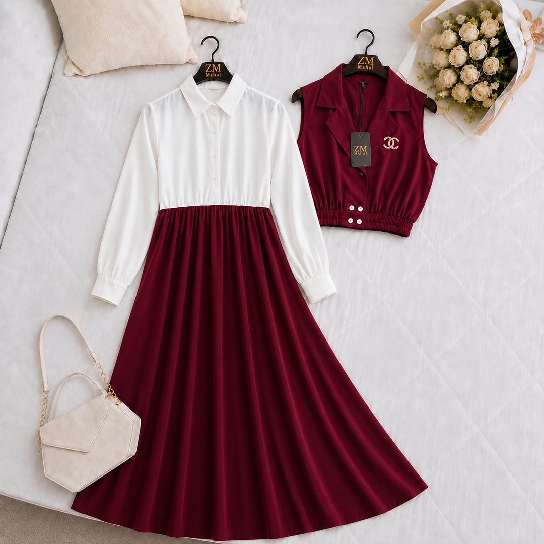Rani Pink: Seraphine women’s layered maxi set in Rani Pink with white collared bodice and cropped vest