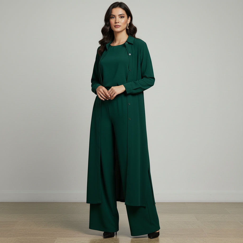 Women’s 3-Piece Modest Suit Set — Long Upper, Inner Top & Wide-Leg Trouser