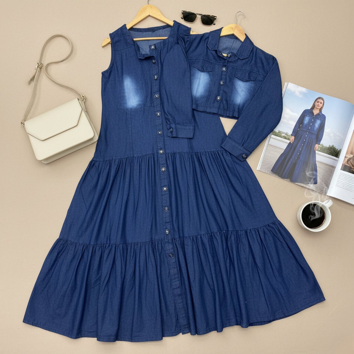 Denim Two-Piece Frock and Coat Set