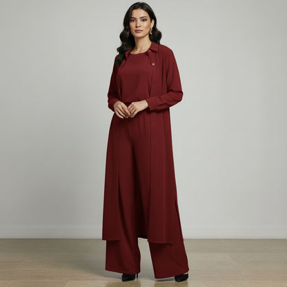 Women’s 3-Piece Modest Suit Set — Long Upper, Inner Top & Wide-Leg Trouser