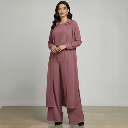 Women’s 3-Piece Modest Suit Set — Long Upper, Inner Top & Wide-Leg Trouser