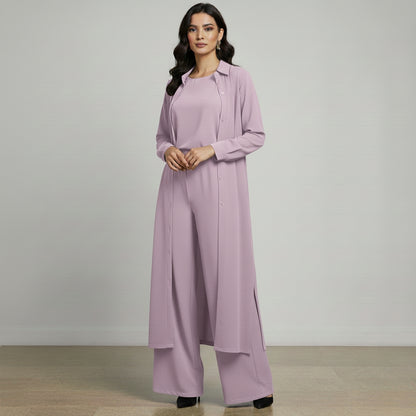 Women’s 3-Piece Modest Suit Set — Long Upper, Inner Top & Wide-Leg Trouser