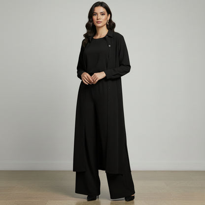 Women’s 3-Piece Modest Suit Set — Long Upper, Inner Top & Wide-Leg Trouser