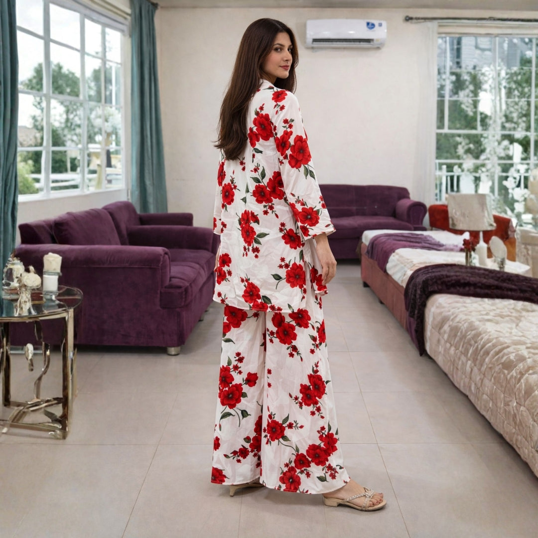 Floral Print Georgette Co-Ord Set for Women – Button Down Shirt & Wide Leg Trousers (Imported Fabric)