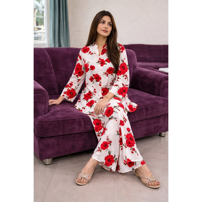Floral Print Georgette Co-Ord Set for Women – Button Down Shirt & Wide Leg Trousers (Imported Fabric)