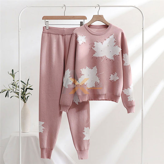 Pearls Work White Leaf Printed Premium Quality Winter 2-Pcs Tracksuit For Her. WWTS-02