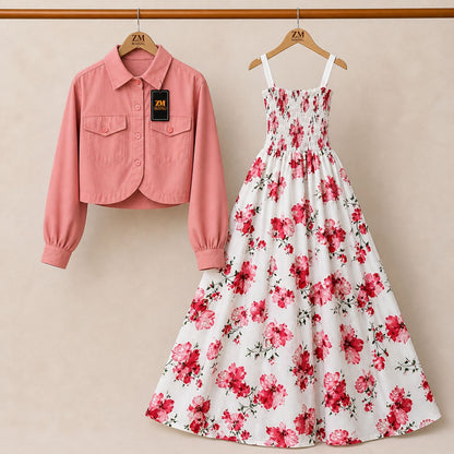 Floral Maxi Dress Set for Women – Turkish Style Smokie Maxi with Jacket