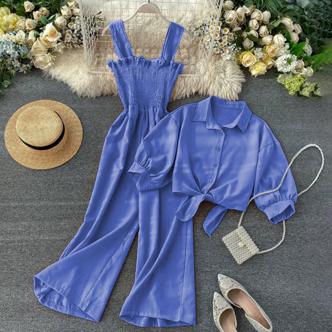 Korean Style Jumpsuit Set (Dress + Tie Crop Shirt)