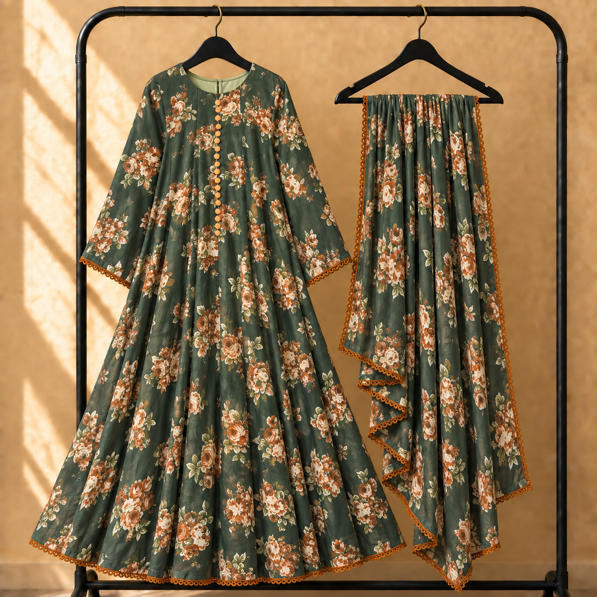 Bonanza Style 2 Piece Floral Frock with Dupatta