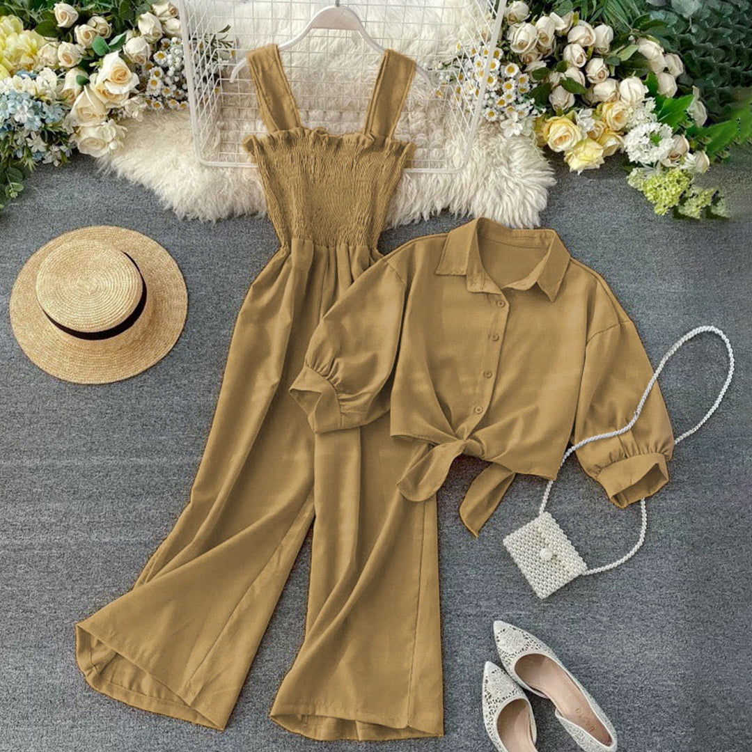 Korean Style Jumpsuit Set (Dress + Tie Crop Shirt)