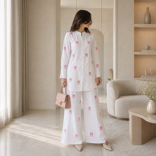 Lunessa Ribbon Bloom Co-Ord Set in White with Pink Ribbon Bow Embroidery Premium Women's Two Piece Outfit