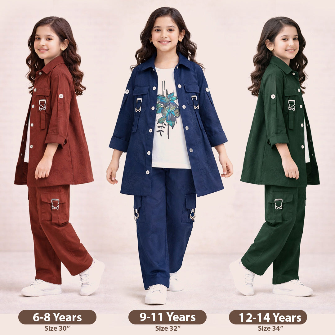 Girl Kids 3 Piece Dress Set Inner Shirt & Trouser