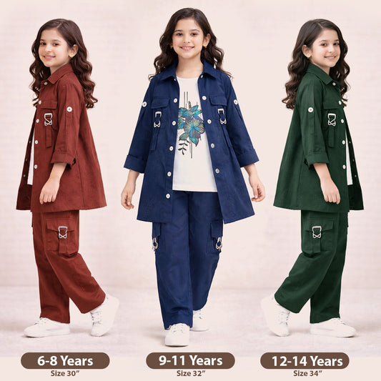 Girl Kids 3 Piece Dress Set Inner Shirt & Trouser