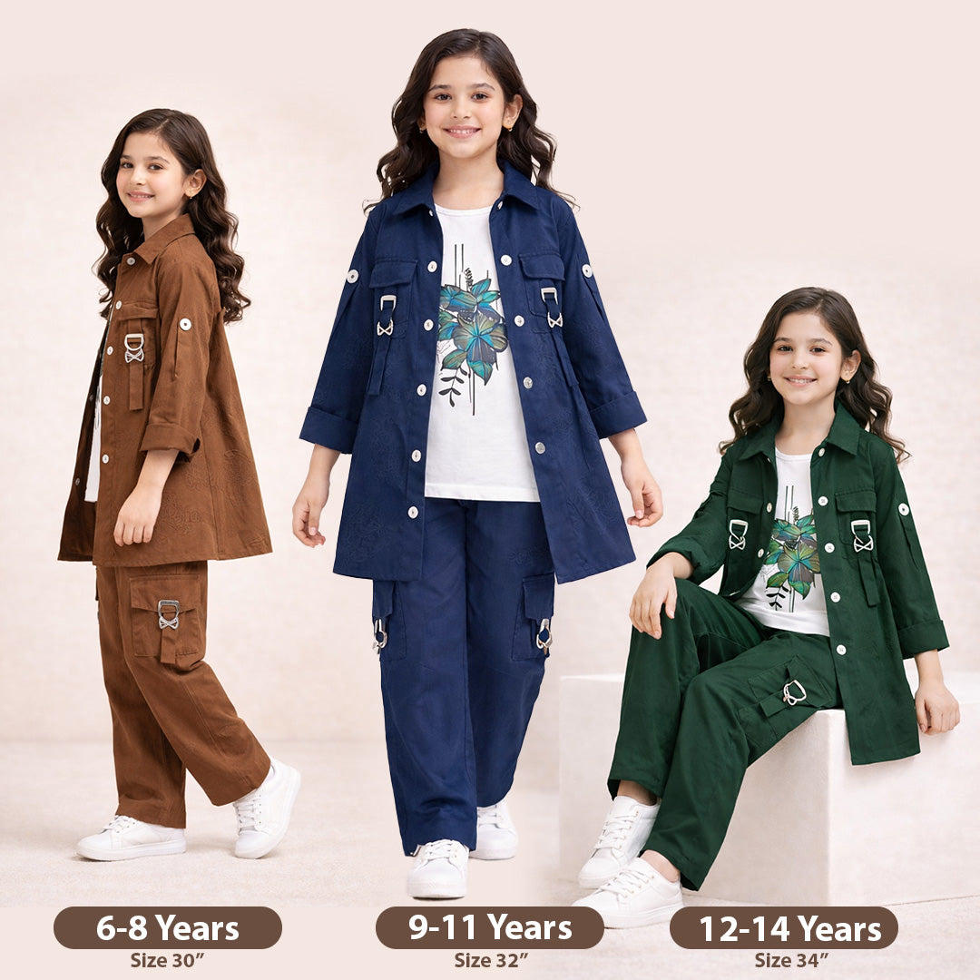 Girl Kids 3 Piece Dress Set Inner Shirt & Trouser