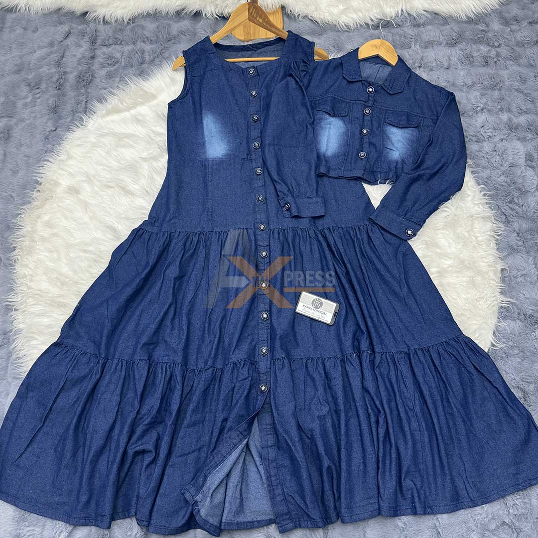 Denim Two-Piece Frock and Coat Set