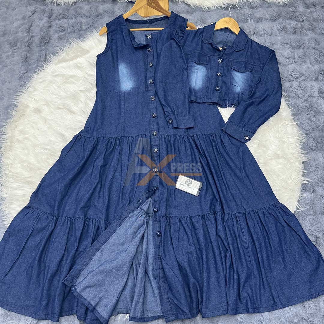 Denim Two-Piece Frock and Coat Set