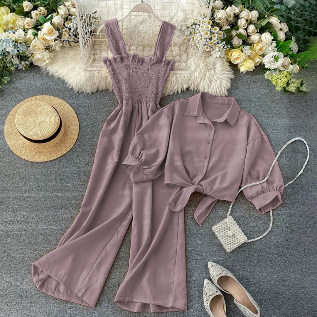 Korean Style Jumpsuit Set (Dress + Tie Crop Shirt)