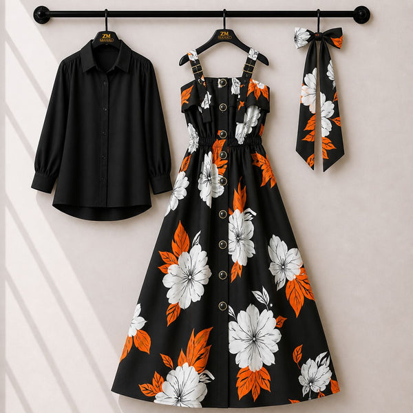 Floral Strap Maxi Dress with Shirt – Elegant Women Outfit K1