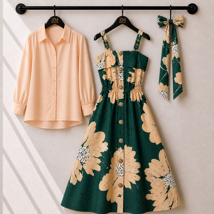 Floral Strap Maxi Dress with Shirt – Elegant Women Outfit K1