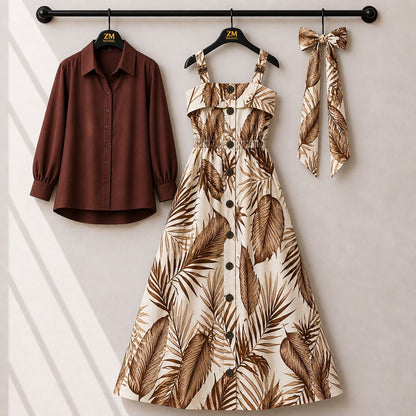 Floral Strap Maxi Dress with Shirt – Elegant Women Outfit K1