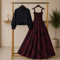 Floral Maxi Dress Set for Women – Turkish Style Smokie Maxi with Jacket K-1