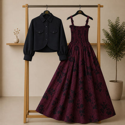 Floral Maxi Dress Set for Women – Turkish Style Smokie Maxi with Jacket K-1