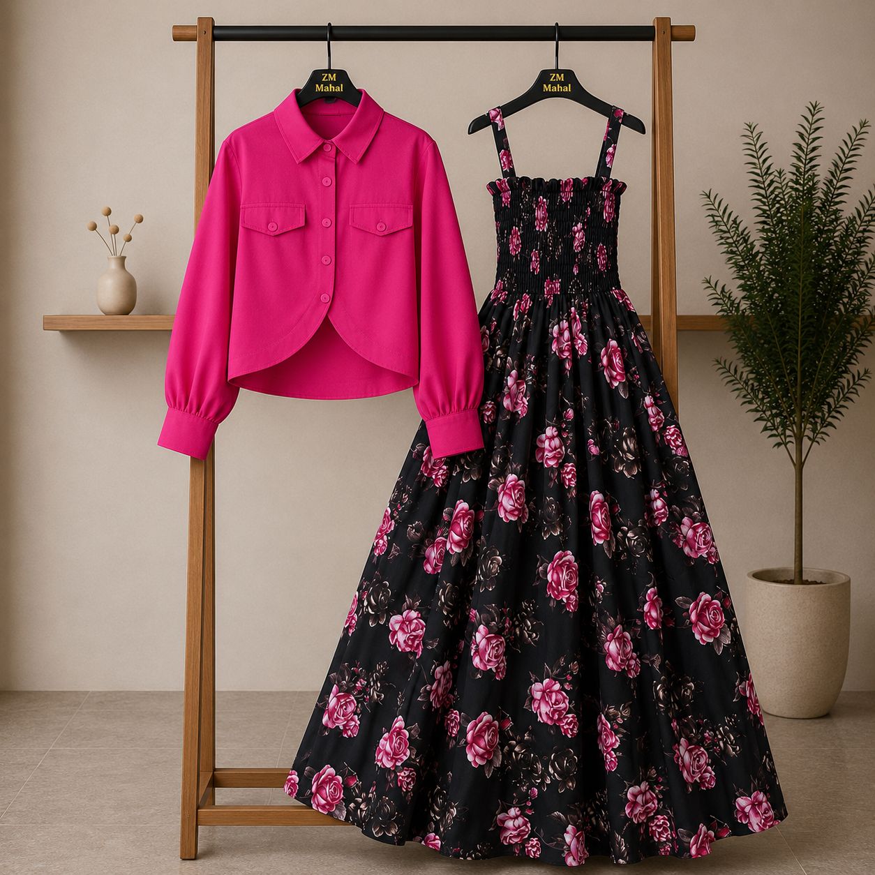 Floral Maxi Dress Set for Women – Turkish Style Smokie Maxi with Jacket K-1