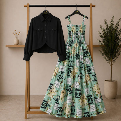 Floral Maxi Dress Set for Women – Turkish Style Smokie Maxi with Jacket K-1
