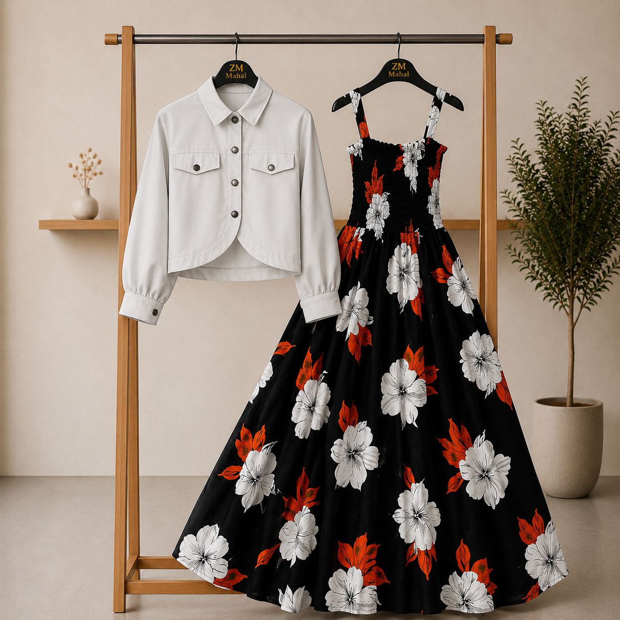 Floral Maxi Dress Set for Women – Turkish Style Smokie Maxi with Jacket K-1