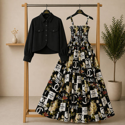 Floral Maxi Dress Set for Women – Turkish Style Smokie Maxi with Jacket K-1