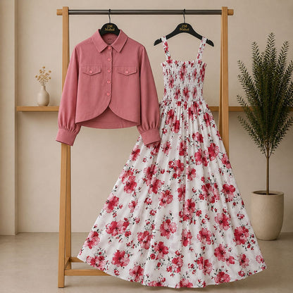 Floral Maxi Dress Set for Women – Turkish Style Smokie Maxi with Jacket K-1