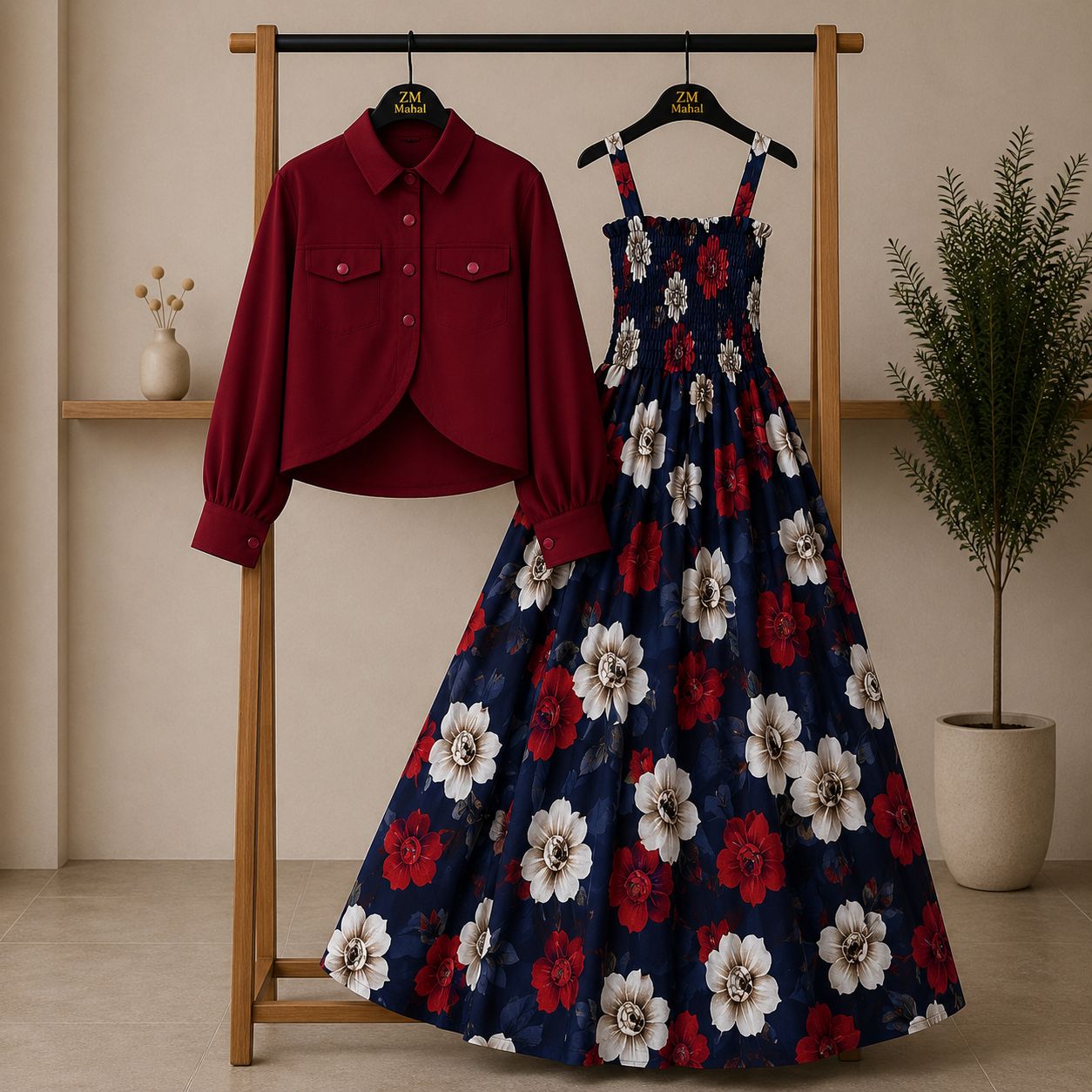 Floral Maxi Dress Set for Women – Turkish Style Smokie Maxi with Jacket K-1