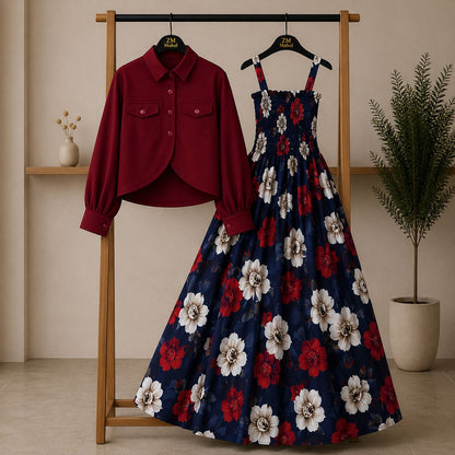 Floral Maxi Dress Set for Women – Turkish Style Smokie Maxi with Jacket K-1