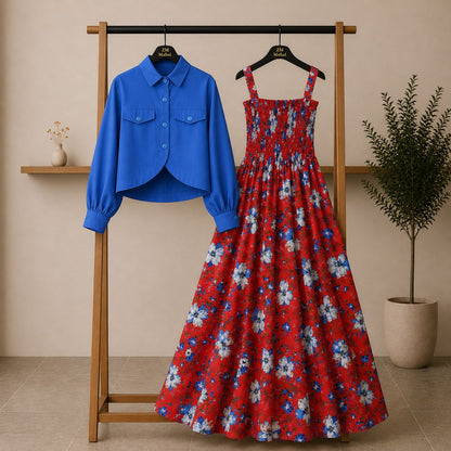 Floral Maxi Dress Set for Women – Turkish Style Smokie Maxi with Jacket K-1