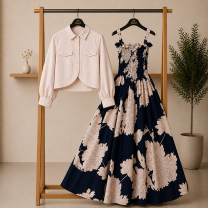 Floral Maxi Dress Set for Women – Turkish Style Smokie Maxi with Jacket K-1