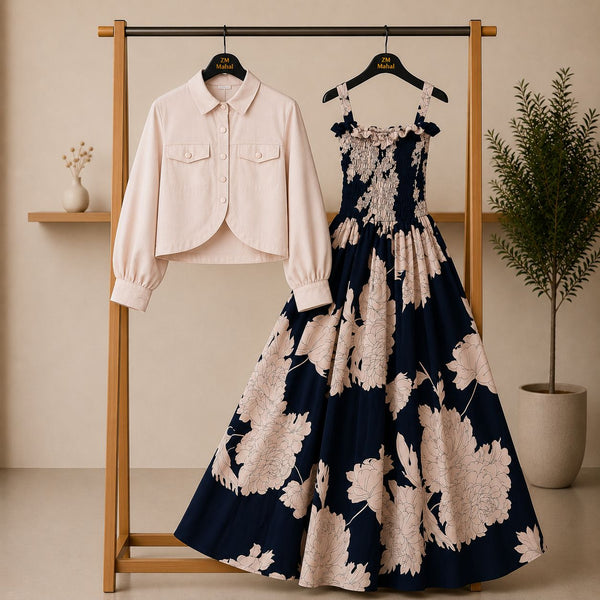 Floral Maxi Dress Set for Women – Turkish Style Smokie Maxi with Jacket K-1