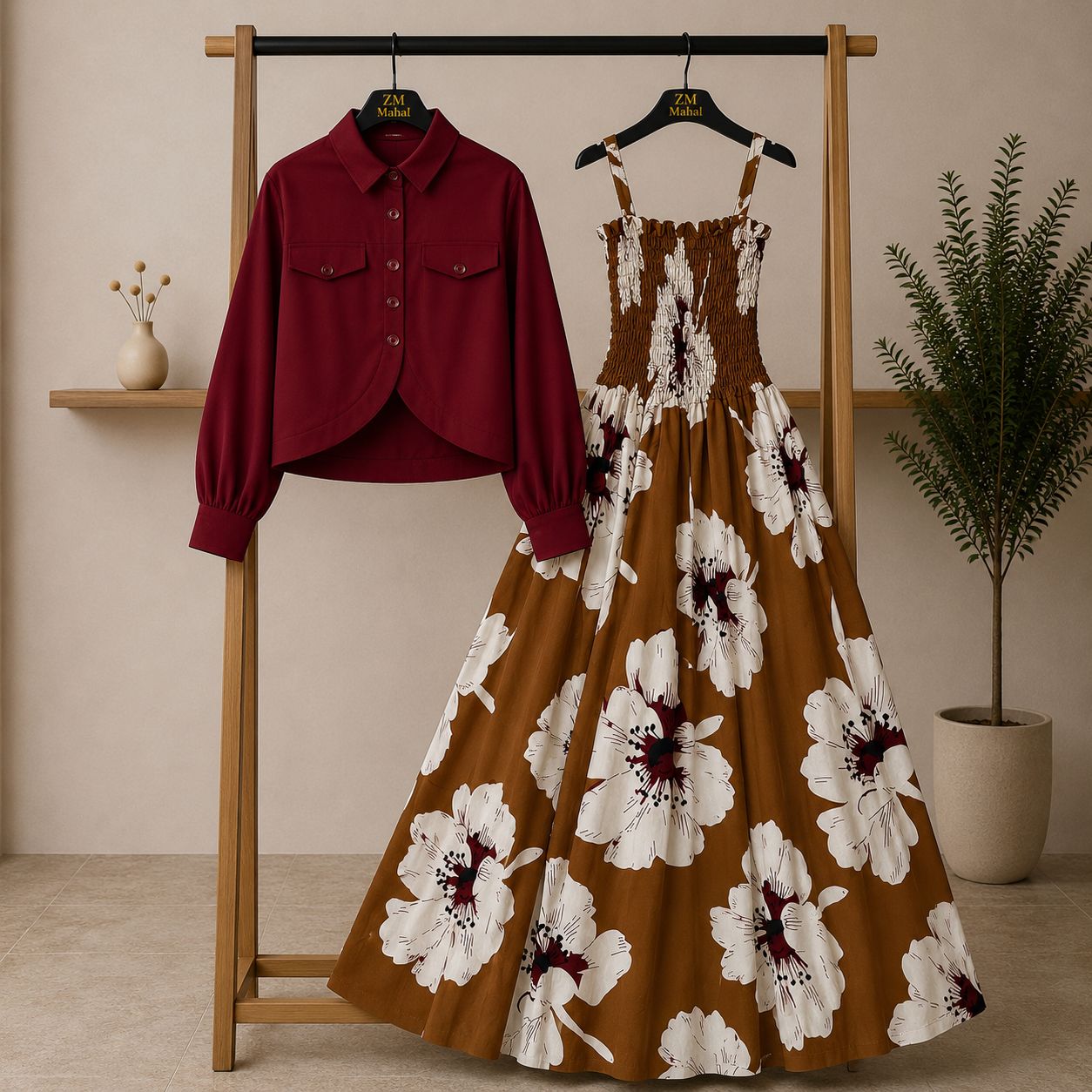 Floral Maxi Dress Set for Women – Turkish Style Smokie Maxi with Jacket K-1