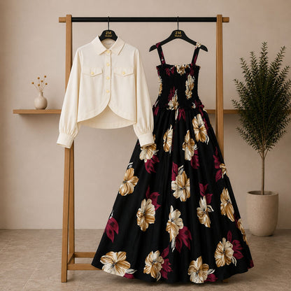 Floral Maxi Dress Set for Women – Turkish Style Smokie Maxi with Jacket K-1