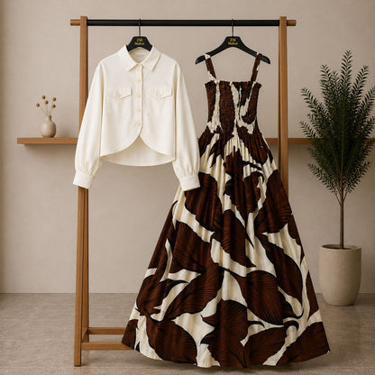Floral Maxi Dress Set for Women – Turkish Style Smokie Maxi with Jacket K-1